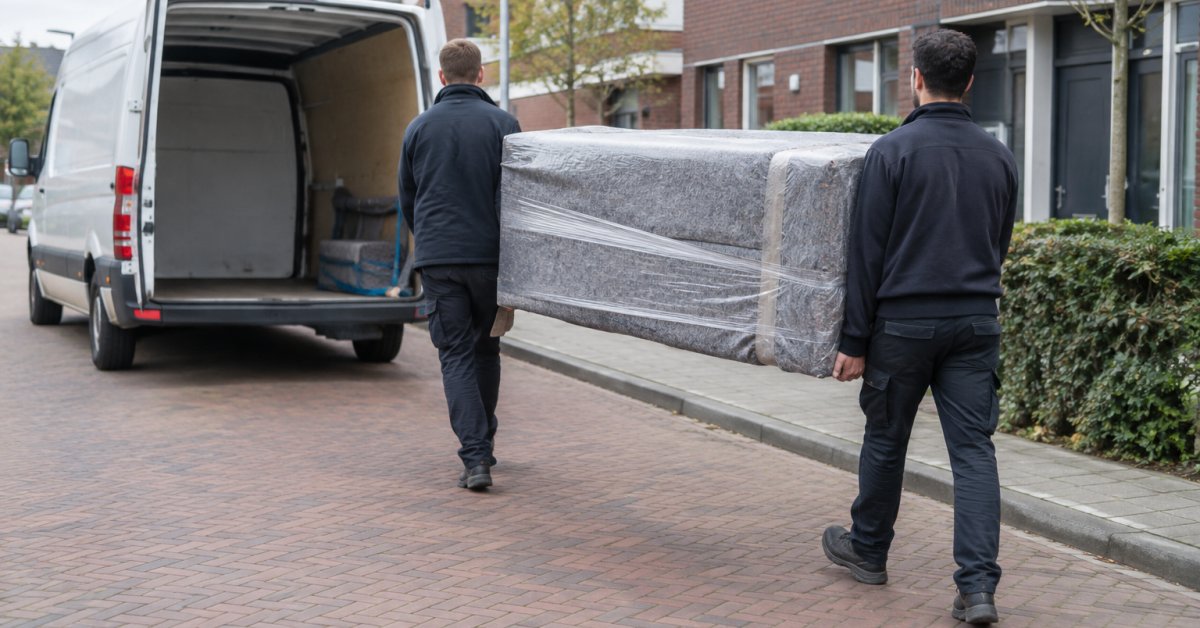 Twee bezorgers dragen een ingepakt meubel naar een open bestelbus.
