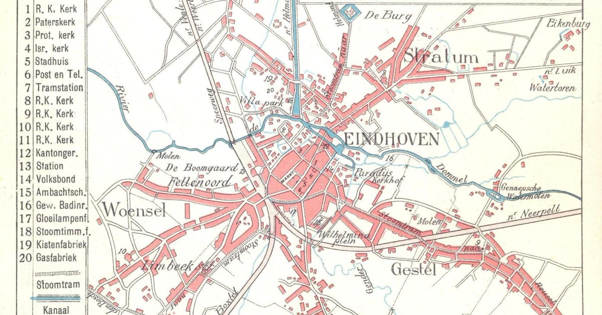 Historische kaart van Eindhoven en omgeving met omliggende wijken en wegen