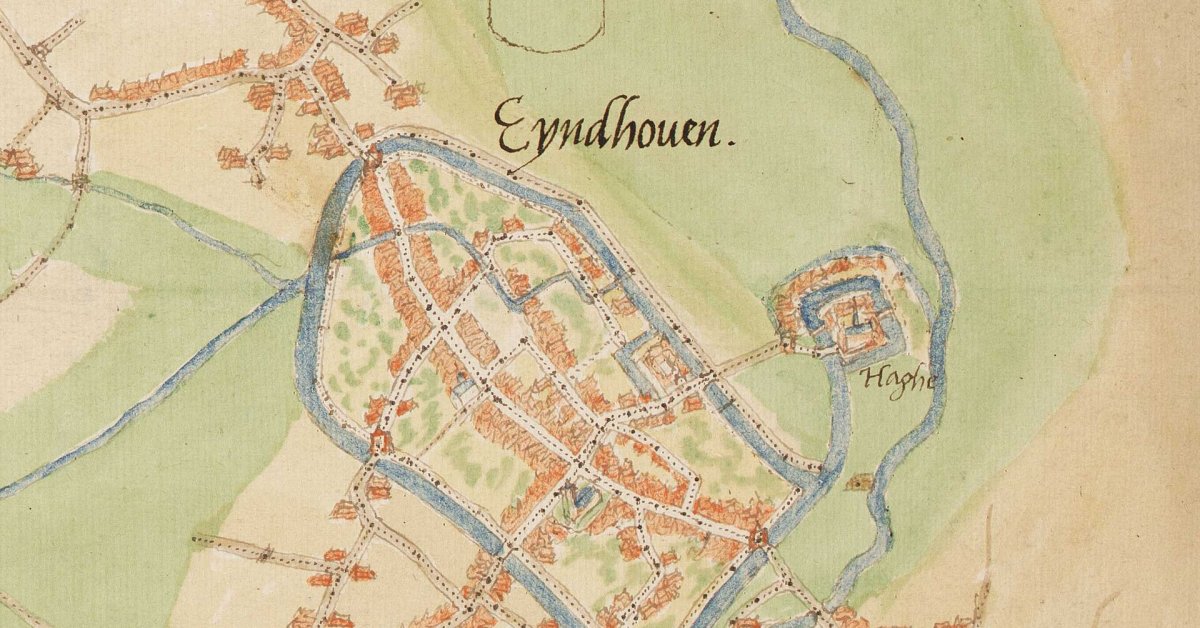 Historische kaart met de plaats Eindhoven en omliggende waterwegen en bebouwing.